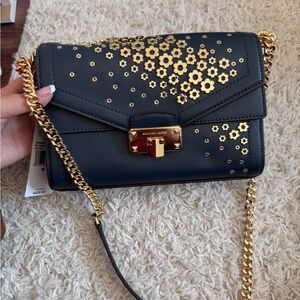 Michael Kors Gold and Blue Crossbody Bag with Textured Finish